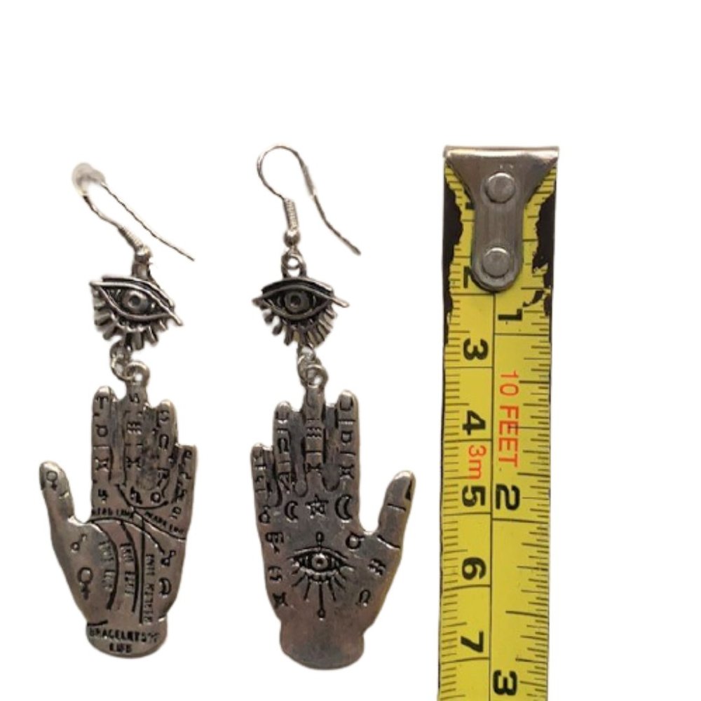 Hamsa, Fatima's hand + evil eye palm dangle silver tone large earrings - Picture 8 of 8